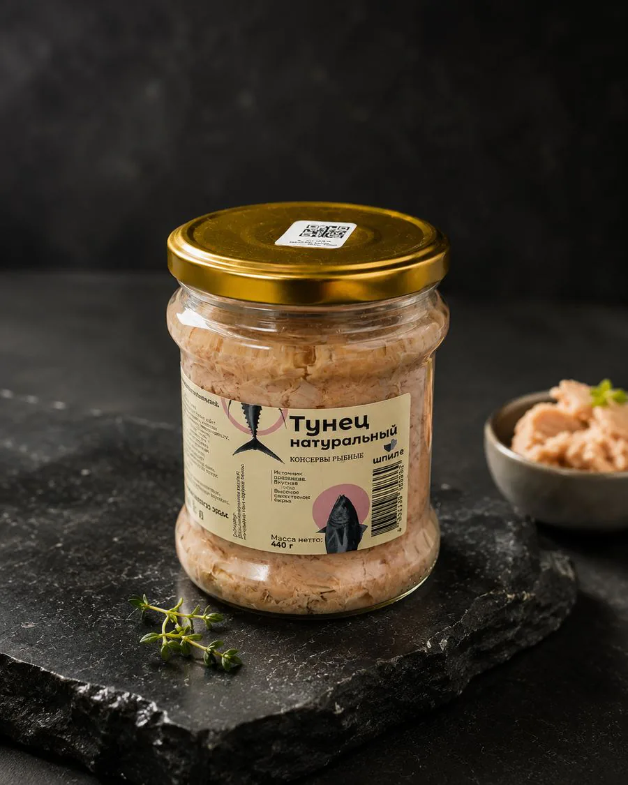Тунец натуральный, стеклянная банка 500 г